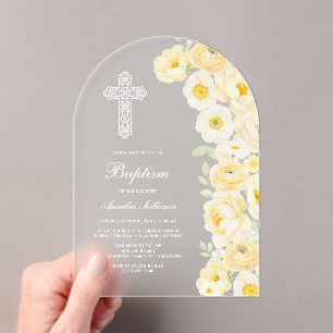 Elegant Yellow Flowers Arch Baptism Acrylic Invitations