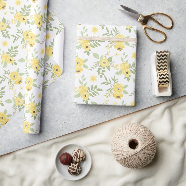 Elegant Yellow Flowers & Greenery Wrapping Paper (Crafts)