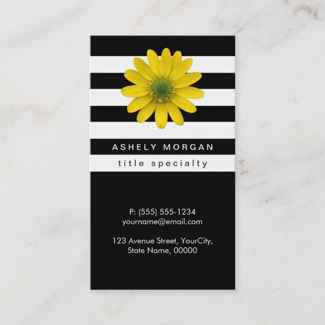 Elegant Yellow Gerbera Daisy - Black White Stripes Business Card (Front)