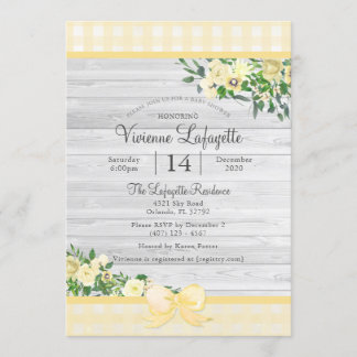Elegant Yellow Gingham Floral Baby Shower Invitation
