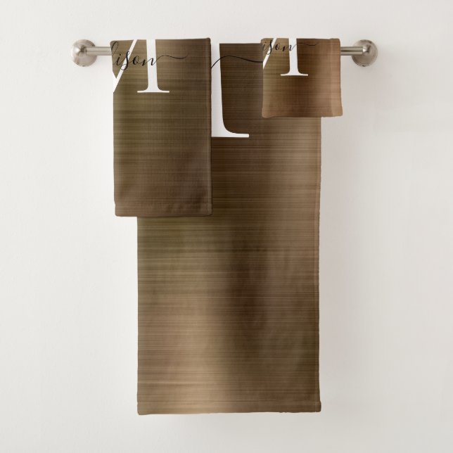 Elegant Yellow Gold Brushed Metal Monogram Script Bath Towel Set (Insitu)