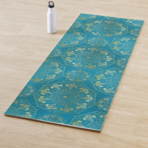Elegant Yellow Gold Daisy Snowdrop Mandala Teal Yoga Mat