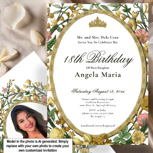 Elegant Yellow Gold Floral 18th Birthday Debut Invitation