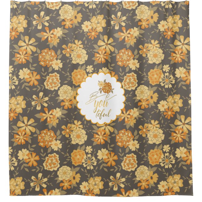 Elegant Yellow Gold Orange Flowers On Brown Shower Curtain (Front)