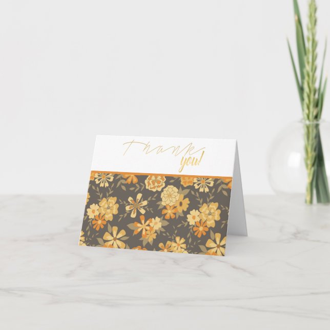 Elegant Yellow Gold Orange Flowers On Brown Thank You Card (Front)