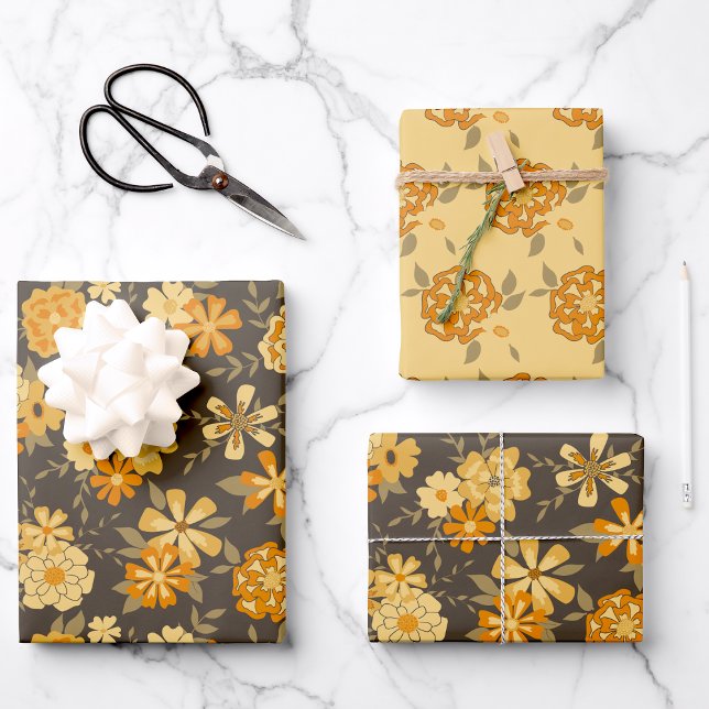 Elegant Yellow Gold Orange Flowers On Brown Wrapping Paper Sheet (Modern Yellow Orange Illustrated Flowers Wrapping Paper Sheets from Studio Posies. )