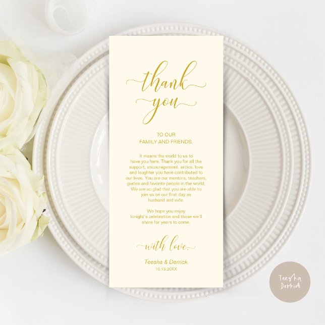 Elegant Yellow Gold, Place Setting Thank You Card (Wedding Dinner Place Setting Thank You Card, Modern Classy Design, Yellow Gold)