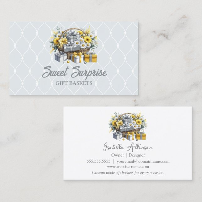 Elegant Yellow Gold Silver Gift Basket Business Card (Front/Back)