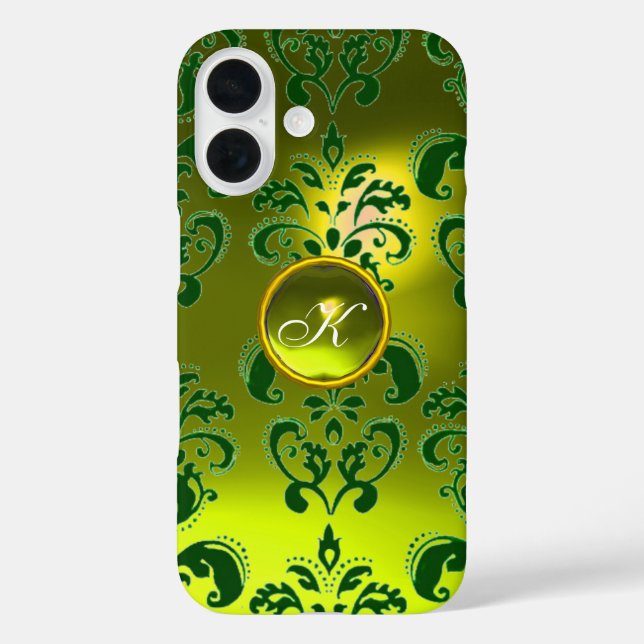 ELEGANT YELLOW GREEN DAMASK GEMSTONE MONOGRAM Case-Mate iPhone CASE (Back)