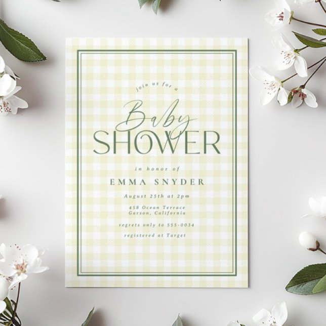 Elegant Yellow Green Gingham Baby Shower Invitation (Creator Uploaded)