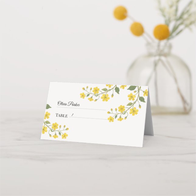 Elegant Yellow Green Wildflowers Floral Place Card (Back)