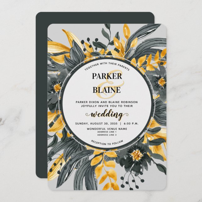 Elegant Yellow & Grey Floral Modern Script Wedding Invitation (Front/Back)