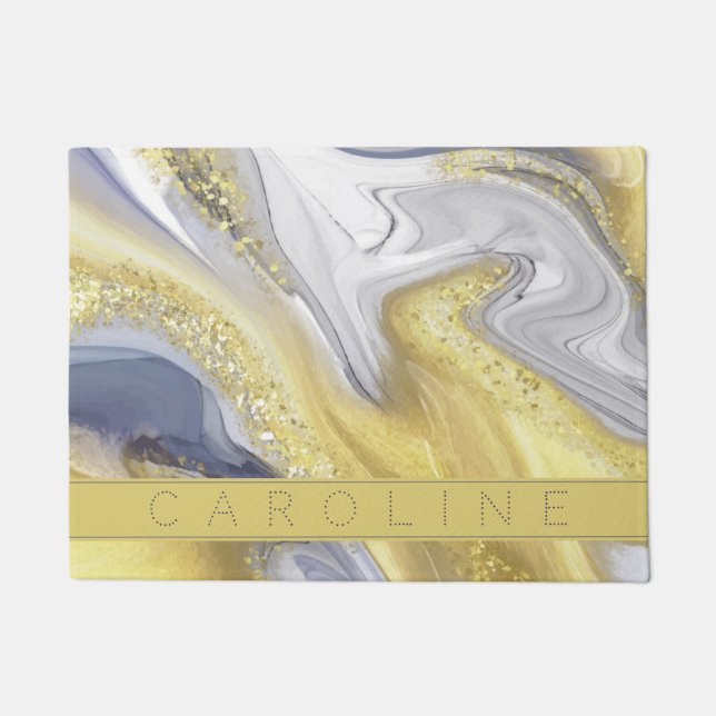 Elegant Yellow Grey Gold Marble Effect Name Doormat (Front)