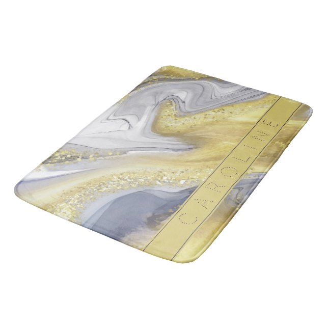 Elegant Yellow Grey / Grey Gold Marble Effect Name Bath Mat (Angled)