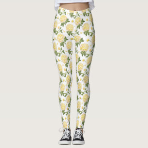 Elegant Yellow Hydragea Floral Butterflies Pattern Leggings