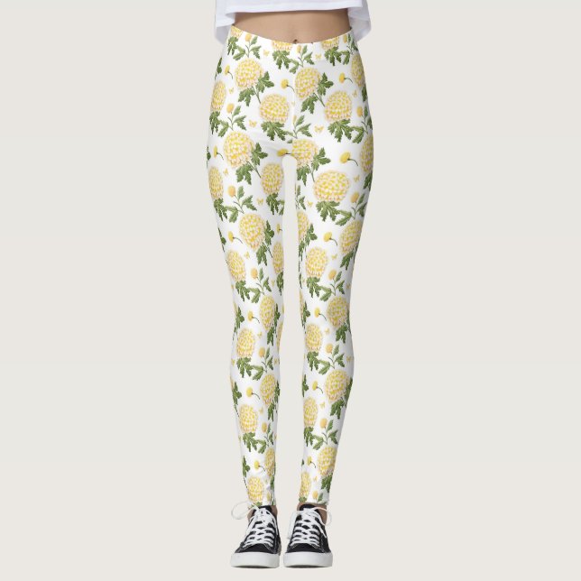Elegant Yellow Hydragea Floral Butterflies Pattern Leggings (Front)