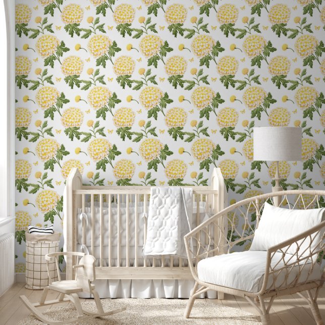 Elegant Yellow Hydragea Floral Butterflies Pattern Wallpaper (Kids)