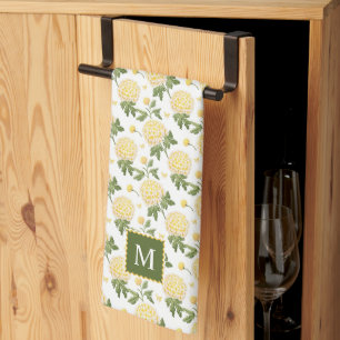 Elegant Yellow Hydragea Floral Monogram Tea Towel