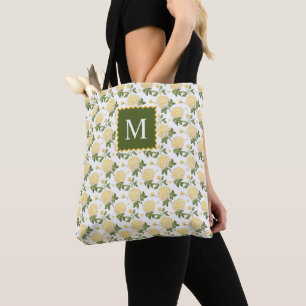 Elegant Yellow Hydragea Floral Monogram Tote Bag