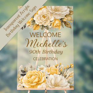 Elegant Yellow Ivory Cream Floral 90th Birthday Acrylic Sign