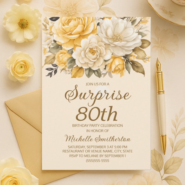 Elegant Yellow Ivory Cream Floral Surprise 80th Invitation (Yellow and cream floral 80th birthday invitation)