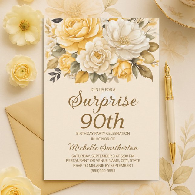 Elegant Yellow Ivory Cream Floral Surprise 90th Invitation (Yellow and cream floral 90th birthday invitation)