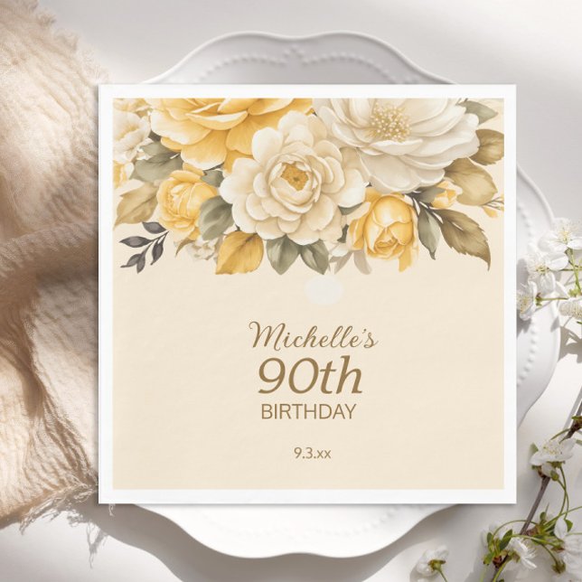 Elegant Yellow Ivory Cream Floral Surprise 90th Napkin (Yellow and cream floral 90th birthday paper plate)