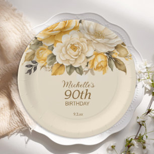 Elegant Yellow Ivory Cream Floral Surprise 90th Paper Plate