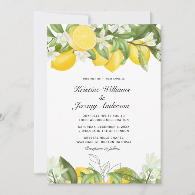Elegant Yellow Lemons Watercolor Wedding Invitation (Front)