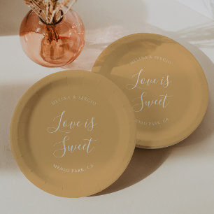 Elegant Yellow Minimalist Calligraphy Wedding  Paper Plate