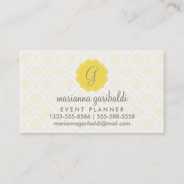 Elegant Yellow Moroccan Trellis Quatrefoil Custom Business Card (Front)