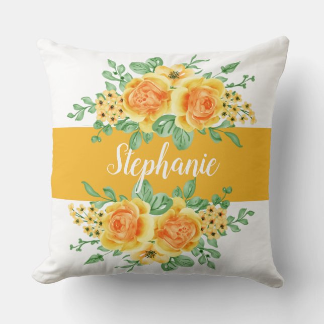 Elegant Yellow Orange Rose Floral Personalised  Cushion (Front)