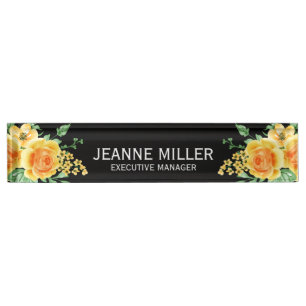 Elegant Yellow Orange Rose Flowers Manager Black Nameplate