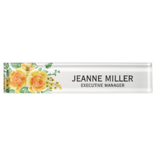 Elegant Yellow Orange Rose Flowers Manager White Nameplate