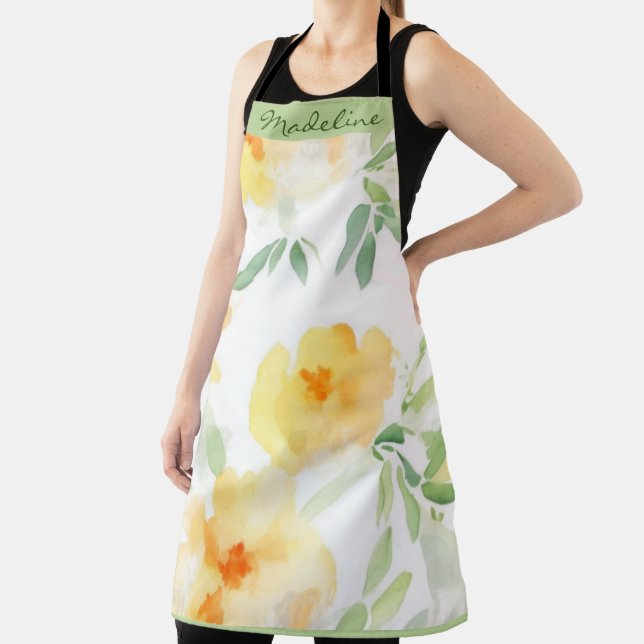Elegant yellow peach orange watercolor floral  apron (Insitu)