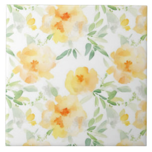 Elegant yellow peach orange watercolor floral tile