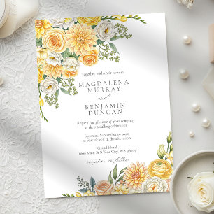Elegant Yellow Peach & Sage Green Floral Wedding Invitation