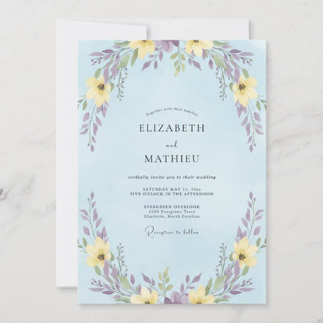 Elegant Yellow Periwinkle Wildflower Wedding Invitation (Front)