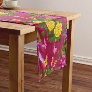 Elegant Yellow, Pink And Purple Rose Flower Short Table Runner