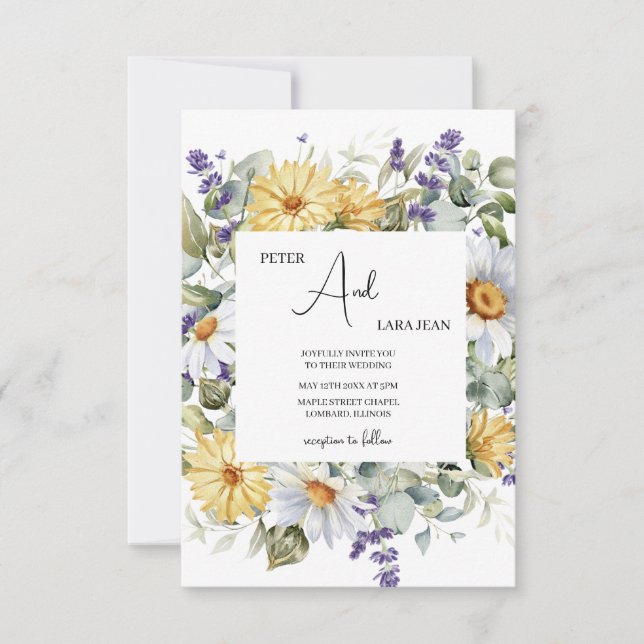 Elegant Yellow Purple Wildflower Wedding Invitation (Front)