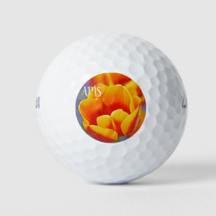Elegant Yellow Red Tulip Initials Quote on Back Golf Balls