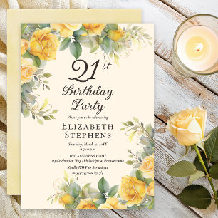 Elegant Yellow Rose 21st Birthday Party Invitation