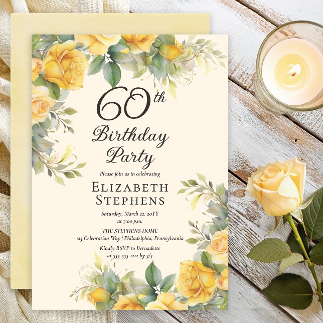 Elegant Yellow Rose 60th Birthday Party Invitation (Elegant yellow rose 60th birthday invitation with soft greenery and warm cream background)