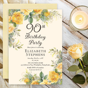 Elegant Yellow Rose 90th Birthday Party Invitation