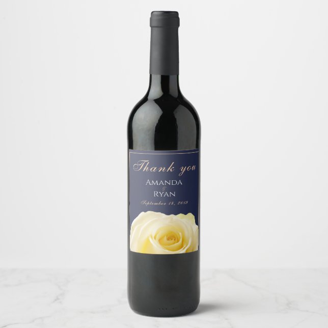 Elegant Yellow Rose Blue Floral Wedding Thank you Wine Label (Front)