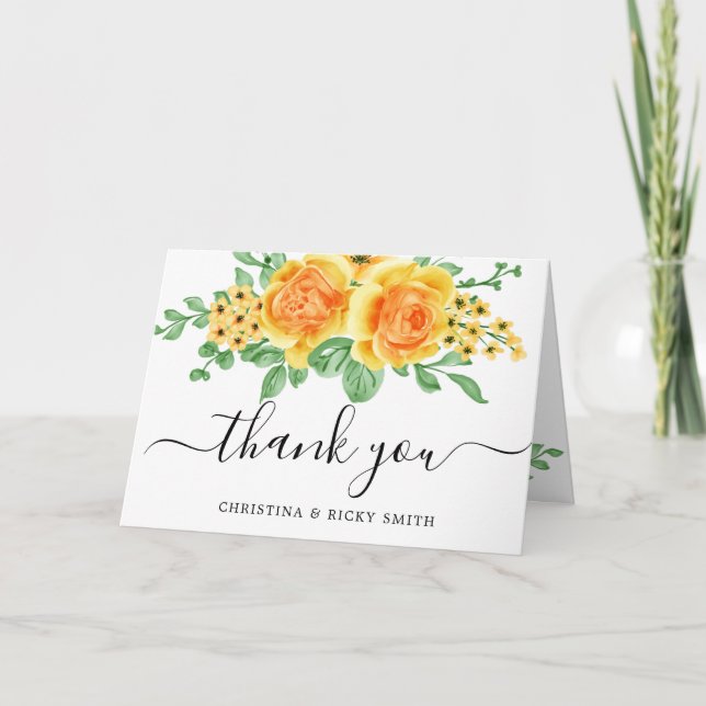 Elegant Yellow Rose Bouquet Flowers Wedding Thank  You Card (Front)