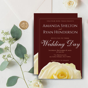 Elegant Yellow Rose Burgundy Floral Wedding Invitation