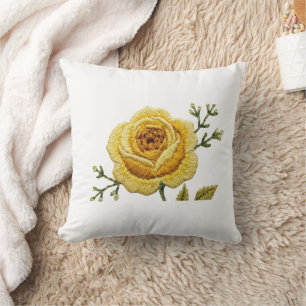 Elegant Yellow Rose Faux Embroidery Throw Pillow