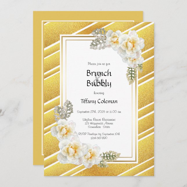 Elegant Yellow Rose Floral Gold Brunch & Bubbly Invitation (Front/Back)