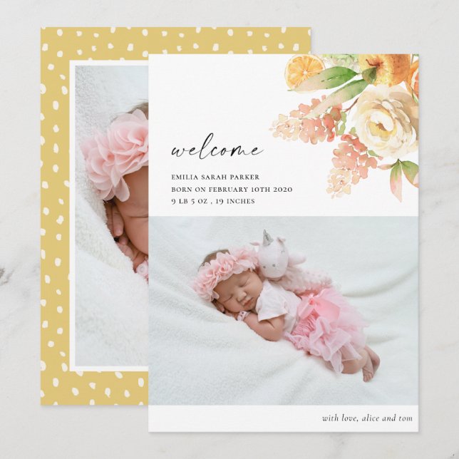 Elegant Yellow Rose Floral Photo Baby Birth Announcement (Front/Back)